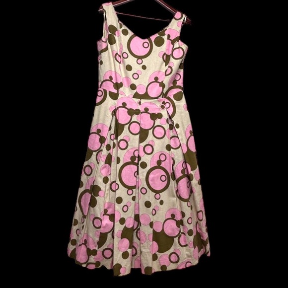 Lapis Dress Pink Green Polka Dot Fit and Flare Size Medium Linen Blend 50s style - Picture 3 of 14
